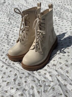Women’s Cream Lace-Up Patent Combat Boots